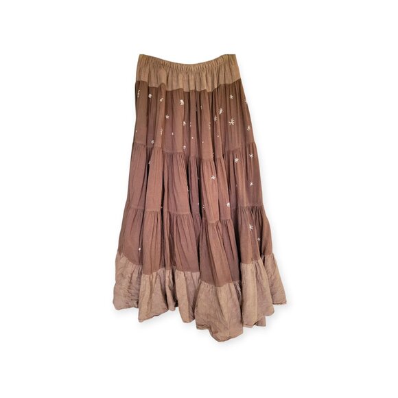 90s Handmade Whimsigoth Tiered Maxi Skirt Embroidered Brown Boho Y2K Size Small - Picture 3 of 10